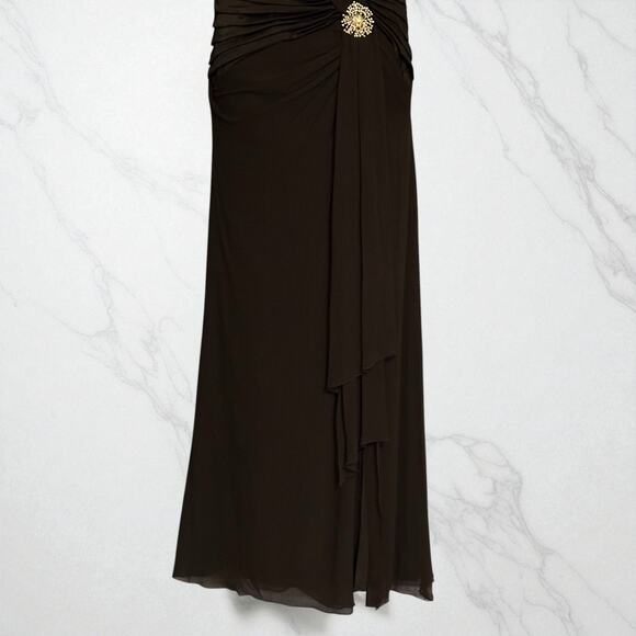 Vintage Y2K Tadashi Silk Evening Gown 12 Rhinestone Brooch V Neck Ruched Dress - Picture 8 of 12